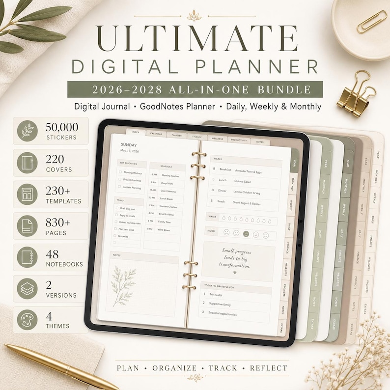 May include: An open digital planner with a black frame, featuring a detailed daily schedule and meal planning section. The planner includes tabs, a gold pen, and a binder clip. Text on the image reads "ULTIMATE DIGITAL PLANNER 2026-2028 ALL-IN-ONE BUNDLE".