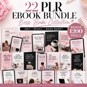 Può includere: Un pacchetto di 22 ebook PLR, con titoli come "Digital Product Profits" e "Sales Secrets". L'immagine presenta uno schema di colori rosa e nero, con il testo "Boss Babe Collection" e "Edit, Resell, Make Money".