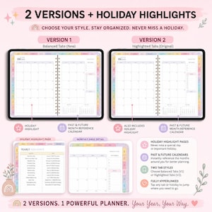 May include: Digital planner with two versions, featuring holiday highlights and monthly reference calendars. The planner includes yearly holiday pages, two tab styles, and is fully hyperlinked for easy navigation. The text reads: "Choose your style. Stay organized. Never miss a holiday."