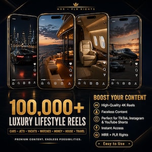 May include: Four smartphones displaying luxury lifestyle scenes: a sports car at night, a yacht at sunset, a private jet interior, and a jet on a tarmac. Text reads "100,000+ Luxury Lifestyle Reels" and "Boost Your Content."