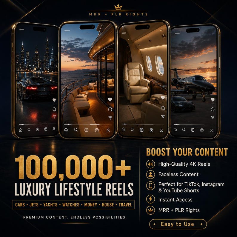 May include: Four smartphones displaying luxury lifestyle scenes: a sports car at night, a yacht at sunset, a private jet interior, and a jet on a tarmac. Text reads "100,000+ Luxury Lifestyle Reels" and "Boost Your Content."