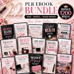 May include: A collection of 22 digital ebooks, a PLR ebook bundle, with titles like "Boss Babe Mindset" and "Digital Wealth." The image features a pink and black color scheme, with text that reads "Edit, Resell, Make Money."