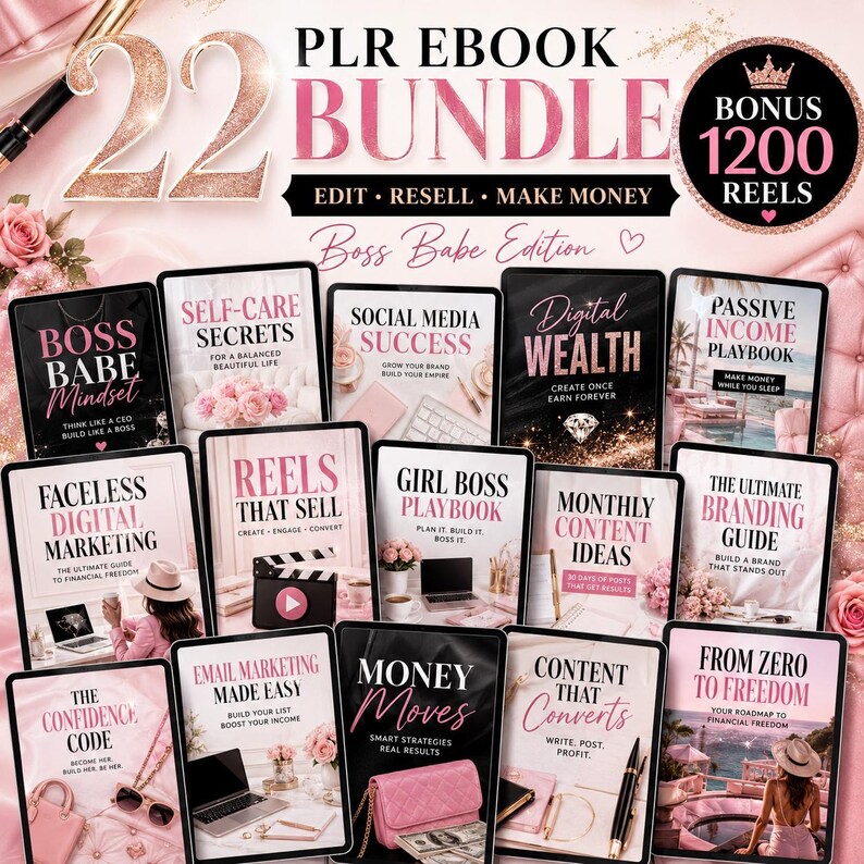May include: A collection of 22 digital ebooks, a PLR ebook bundle, with titles like "Boss Babe Mindset" and "Digital Wealth." The image features a pink and black color scheme, with text that reads "Edit, Resell, Make Money."