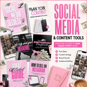 May include: A collection of pink and white books, notebooks, and smartphones with the text "Social Media Secrets", "Plan Your Content", "Let's Talk About Your Branding", "The Instagram Playbook", "Viral Off-Content Guide", and "How to Sell on Instagram". The image also includes cash and a coffee cup.