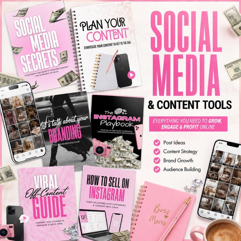 May include: A collection of pink and white books, notebooks, and smartphones with the text "Social Media Secrets", "Plan Your Content", "Let's Talk About Your Branding", "The Instagram Playbook", "Viral Off-Content Guide", and "How to Sell on Instagram". The image also includes cash and a coffee cup.