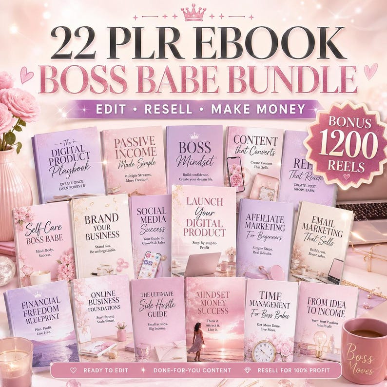 May include: A collection of 22 PLR eBooks with titles like "Boss Mindset" and "Launch Your Digital Product." The books are in shades of pink and purple, with the words "Boss Babe Bundle" at the top. Includes a bonus of 1200 reels.