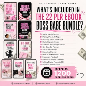 May include: A promotional image for the "22 PLR Ebook Boss Babe Bundle." The image features a collection of digital product covers in pink and black, including titles like "Social Media Secrets" and "Money Mindset Magic." Text highlights the bundle's contents and bonus content.