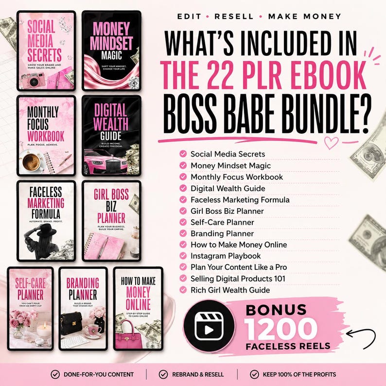 May include: A promotional image for the "22 PLR Ebook Boss Babe Bundle." The image features a collection of digital product covers in pink and black, including titles like "Social Media Secrets" and "Money Mindset Magic." Text highlights the bundle's contents and bonus content.