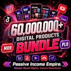 Op de afbeelding: Een afbeelding die een digitale productbundel promoot, met de tekst "60.000.000+ DIGITAL PRODUCTS BUNDLE" in neonstijl. De afbeelding bevat app-pictogrammen voor sociale media en telefoonmodellen die verschillende digitale productcategorieën tonen.