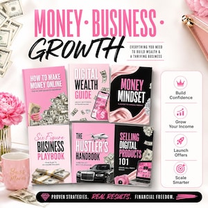 May include: A promotional image featuring books on business and wealth, with titles like "How to Make Money Online" and "Money Mindset." The image has a pink and white color scheme, with text that reads "Money Business Growth." A mug with "Boss Moves" is also visible.