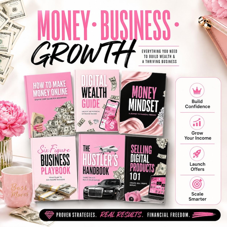 May include: A promotional image featuring books on business and wealth, with titles like "How to Make Money Online" and "Money Mindset." The image has a pink and white color scheme, with text that reads "Money Business Growth." A mug with "Boss Moves" is also visible.