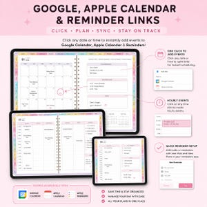 May include: Digital planner interface with calendar and reminder links. The image shows a tablet and other devices displaying a digital planner with options to sync with Google Calendar, Apple Calendar, and Reminders. The text says "Click, Plan, Sync, Stay on Track."