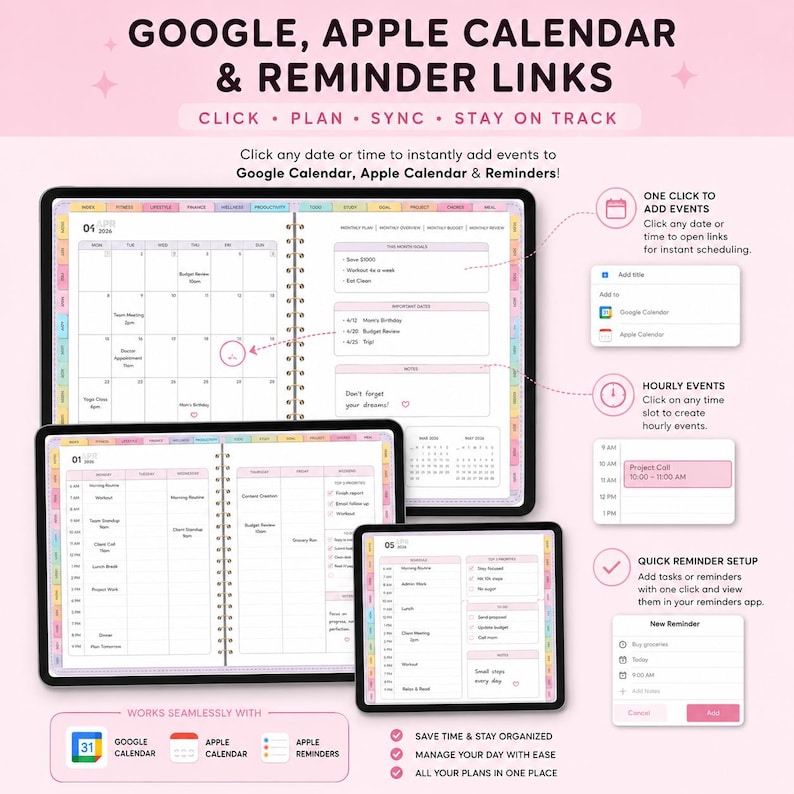 May include: Digital planner interface with calendar and reminder links. The image shows a tablet and other devices displaying a digital planner with options to sync with Google Calendar, Apple Calendar, and Reminders. The text says "Click, Plan, Sync, Stay on Track."