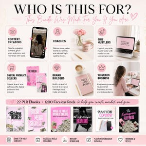 May include: A promotional graphic with the text "WHO IS THIS FOR?" and various icons representing content creators, coaches, digital product sellers, brand builders, side hustlers, and women in business. Includes ebooks and reels.