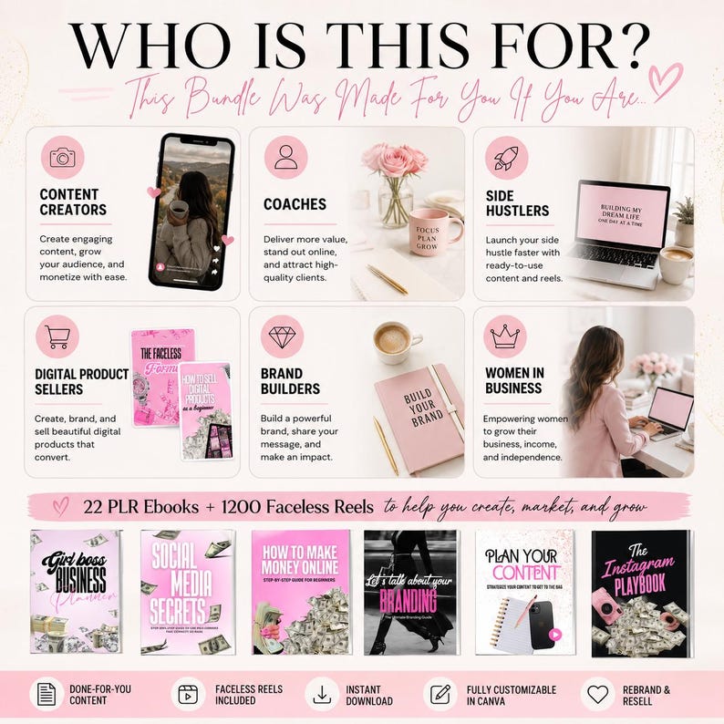 May include: A promotional graphic with the text "WHO IS THIS FOR?" and various icons representing content creators, coaches, digital product sellers, brand builders, side hustlers, and women in business. Includes ebooks and reels.