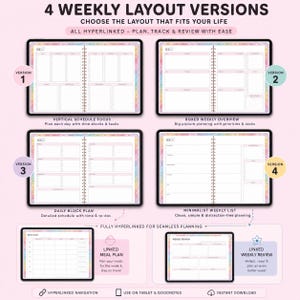 May include: Digital planner showcasing four weekly layout versions. Each version is displayed on a tablet, with options for vertical schedule focus, boxed weekly overview, daily block plan, and minimalist weekly list. Includes linked meal plan and weekly review options.