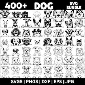 Op de afbeelding: Zwart-wit SVG-bundel met meer dan 400 hondenillustraties. De honden worden afgebeeld in verschillende rassen en poses, met de tekst "400+ DOG" en "SVG BUNDLE" bovenaan. De onderkant van de afbeelding toont bestandstype-opties: SVGS | PNGS | DXF | EPS | JPG.