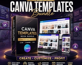 Puede incluir: Un paquete de marketing digital con más de 20.000 plantillas de Canva. La imagen muestra un conjunto de caja negro, un portátil, una tableta y un smartphone que muestran diseños de Canva. El texto incluye "Crear, Personalizar, Beneficio" y "100% de beneficio."