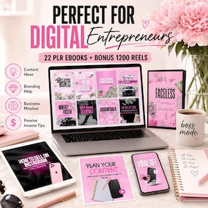 May include: A workspace setup with a laptop displaying ebook covers, a tablet, and a smartphone. The text reads "PERFECT FOR DIGITAL Entrepreneurs" and "22 PLR EBOOKS + BONUS 1200 REELS." Pink accents are used throughout the setup, including a mug that says "boss mode."