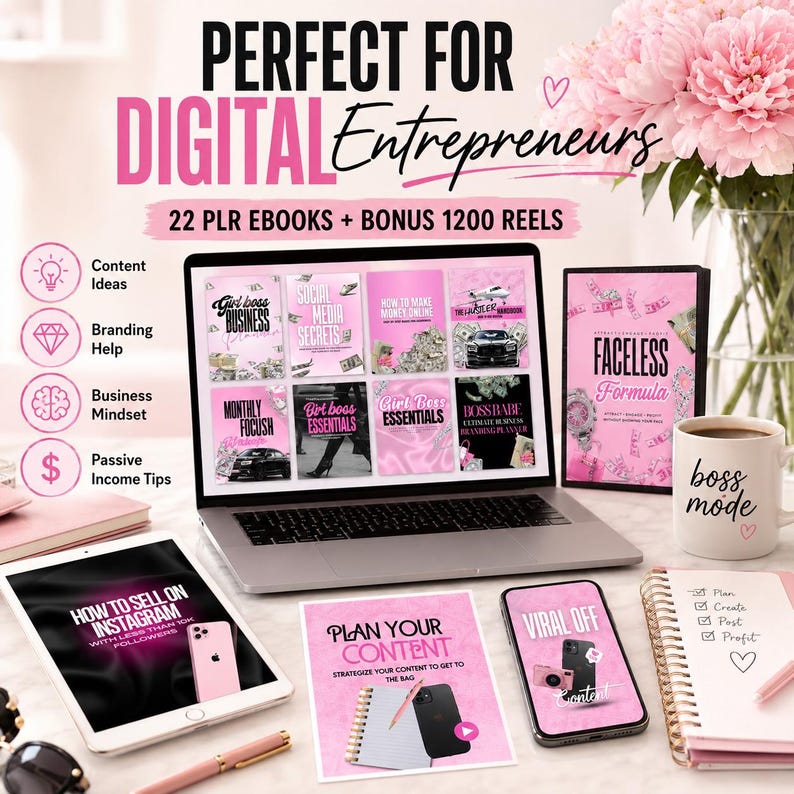 May include: A workspace setup with a laptop displaying ebook covers, a tablet, and a smartphone. The text reads "PERFECT FOR DIGITAL Entrepreneurs" and "22 PLR EBOOKS + BONUS 1200 REELS." Pink accents are used throughout the setup, including a mug that says "boss mode."