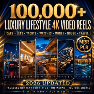 Könnte beinhalten: Ein digitales Grafikdesign, das Luxus-Lifestyle-Inhalte bewirbt. Das Bild zeigt den Text "100.000+ LUXURY LIFESTYLE 4K VIDEO REELS" mit Schlüsselwörtern wie "CARS, JETS, YACHTS, WATCHES". Fünf Smartphones zeigen Luxusszenen. Der Text unten lautet "2026 UPDATED" und "FACELESS CONTENT FÜR TIKTOK, INSTAGRAM, YOUTUBE SHORTS."