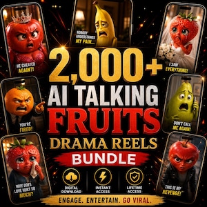 May include: A digital bundle of 2,000+ AI talking fruits drama reels featuring animated characters like a tomato, banana, strawberry, orange, pear, and apple with text captions including HE CHEATED AGAIN, NOBODY UNDERSTANDS MY PAIN, and I SAW EVERYTHING.