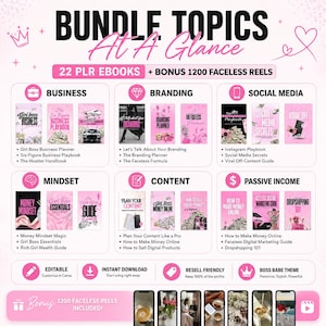 May include: A pink and white graphic promoting a bundle of 22 PLR ebooks and 1200 faceless reels. Topics include business, branding, social media, mindset, content, and passive income. The text includes "Girl Boss" and "Boss Babe" themes.