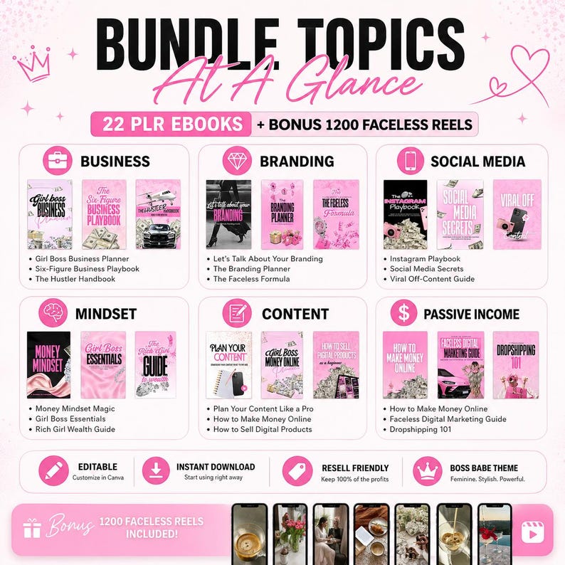 May include: A pink and white graphic promoting a bundle of 22 PLR ebooks and 1200 faceless reels. Topics include business, branding, social media, mindset, content, and passive income. The text includes "Girl Boss" and "Boss Babe" themes.