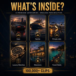 May include: An advertisement with the text "WHAT'S INSIDE?" and "6 PREMIUM CATEGORIES. ENDLESS POSSIBILITIES." Six images showcase cars, yachts, private jets, luxury watches, mansions, and travel reels. The text "100,000+ CLIPS" is also present.