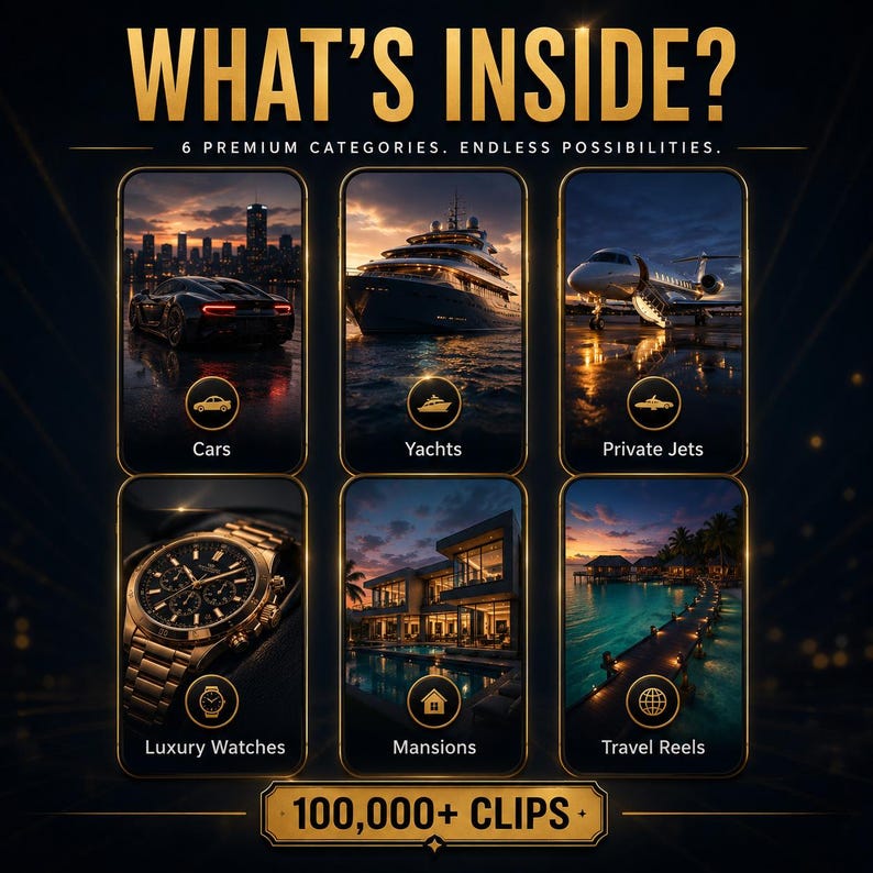 May include: An advertisement with the text "WHAT'S INSIDE?" and "6 PREMIUM CATEGORIES. ENDLESS POSSIBILITIES." Six images showcase cars, yachts, private jets, luxury watches, mansions, and travel reels. The text "100,000+ CLIPS" is also present.