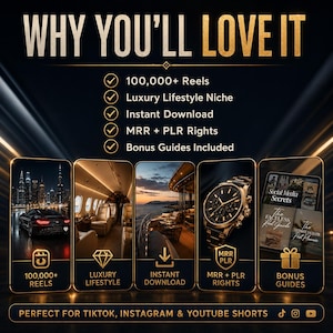 May include: A promotional graphic with the text "WHY YOU'LL LOVE IT" and icons representing reels, luxury lifestyle, instant download, MRR + PLR rights, and bonus guides. The graphic is designed for TikTok, Instagram, and YouTube Shorts.