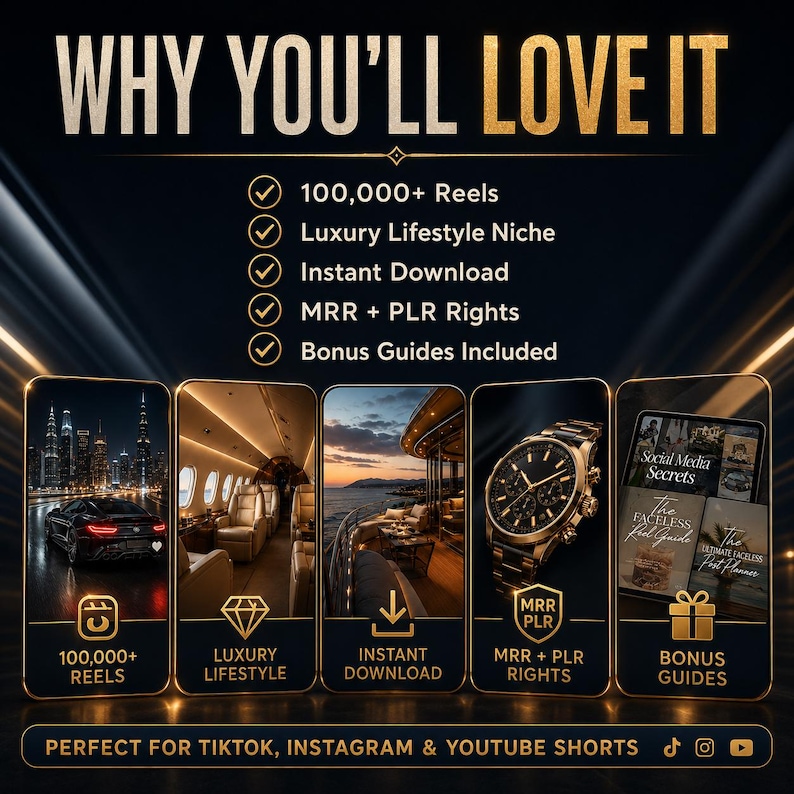 May include: A promotional graphic with the text "WHY YOU'LL LOVE IT" and icons representing reels, luxury lifestyle, instant download, MRR + PLR rights, and bonus guides. The graphic is designed for TikTok, Instagram, and YouTube Shorts.