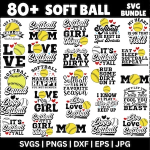 Puede incluir: Un paquete SVG digital con más de 80 diseños temáticos de softbol. Los diseños incluyen frases como "Softball Mom", "Live Love Softball" y "Softball Squad", junto con gráficos de softbol. La combinación de colores es principalmente negro, blanco y amarillo.
