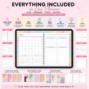 May include: Digital planner bundle with the text "EVERYTHING INCLUDED in One Planner". Features include 2026-2028 planner, 50,000 stickers, 220 covers, 230+ templates, 830+ pages, 48 notebooks, 2 versions, and 4 themes. Includes weekly, daily, monthly, goal planning, budget, and journal sections.