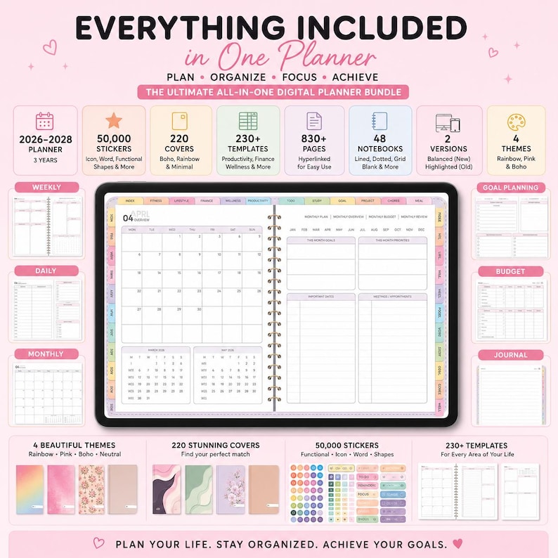 May include: Digital planner bundle with the text "EVERYTHING INCLUDED in One Planner". Features include 2026-2028 planner, 50,000 stickers, 220 covers, 230+ templates, 830+ pages, 48 notebooks, 2 versions, and 4 themes. Includes weekly, daily, monthly, goal planning, budget, and journal sections.