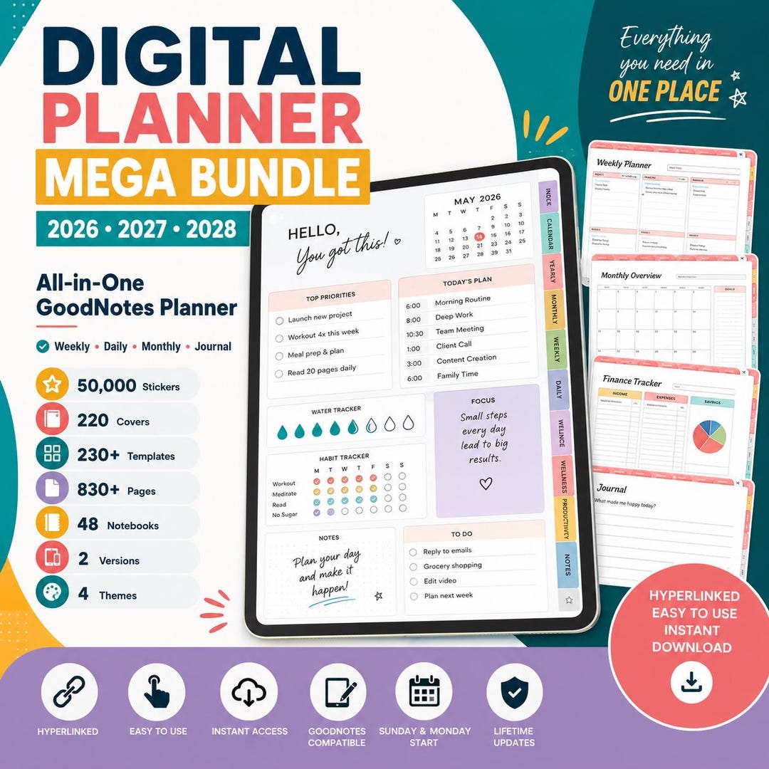 All-in-One Digital Planner 2026, 2027, 2028 Digital Planner, Digital Journal, Digital Good