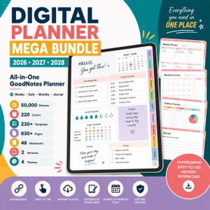 Op de afbeelding: Een digitale planner mega bundle voor 2026-2028, met een GoodNotes planner met wekelijkse, dagelijkse, maandelijkse en journaal opties. Inclusief 50.000 stickers, 220 covers, 230+ sjablonen, 830+ pagina's, 48 notebooks, 2 versies en 4 thema's.