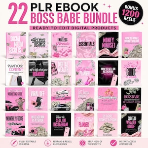 May include: A collection of 22 digital product ebooks, including topics like social media, branding, and wealth. The image features pink and black covers with titles such as "Boss Babe Bundle" and "How to Sell on Instagram".