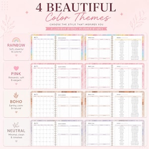 May include: A digital planner bundle featuring four color themes: Rainbow, Pink, Boho, and Neutral. Each theme includes monthly, weekly, and yearly planning pages. The text reads "4 Beautiful Color Themes" and "Choose the style that inspires you."