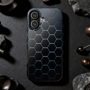 Hex Grid Tough Phone Case — Shockproof Black & Blue Geometric Armor