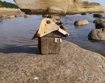 Handmade Driftwood Fish House Sculpture – Coastal Nautical Beach Cottage Art