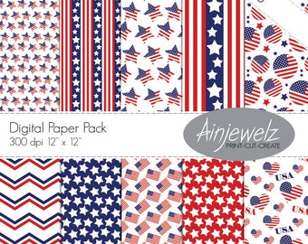 USA flag Stars and Stripes 4th of July Patriotic Digital Paper Pack American Flag Thanksgiving Digital Scrapbook Craft Instant Download