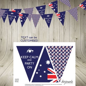 May include: A printable bunting banner with a blue and white Australian flag pattern. The banner features the text "Keep Calm and Party On" in white letters on a blue background. The banner is perfect for an Australian themed party.