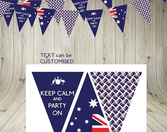 Op de afbeelding: Een printbare vlaggenlijn met een blauw en wit Australisch vlaggenpatroon. De vlaggenlijn heeft de tekst "Keep Calm and Party On" in witte letters op een blauwe achtergrond. De vlaggenlijn is perfect voor een Australisch themafeest.