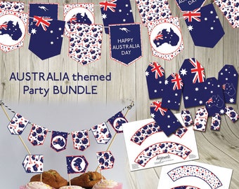 Op de afbeelding: Printbare decoraties voor een Australisch themafeest. Inclusief een banner met de tekst "Happy Australia Day", cupcake-verpakkingen en cadeau-etiketten met de Australische vlag.