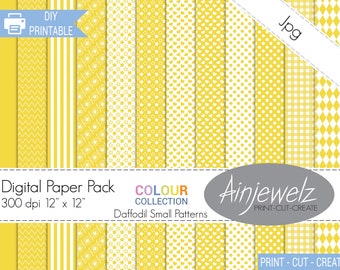 Daffodil Yellow & White scrapbook paper printable, small pattern designs, Colour Collection-Daffodil