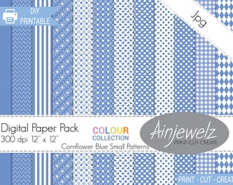 Blue & White scrapbook paper printable, small pattern designs, Colour Collection-Cornflower Blue