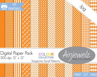 Orange & White scrapbook paper printable, small pattern digital papers, Colour Collection-Tangerine