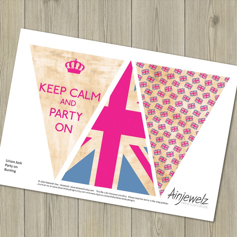 Vintage Union Jack Keep Calm Party On Bunting, Pink Garland, printable bunting, British party street party blue party flags image 2