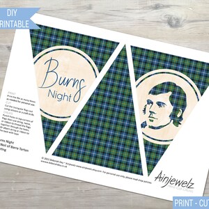 May include: Printable bunting flags featuring a blue, green, and yellow tartan pattern with the text "Burns Night" and a portrait of Robert Burns. The flags are designed for a Burns Night celebration.